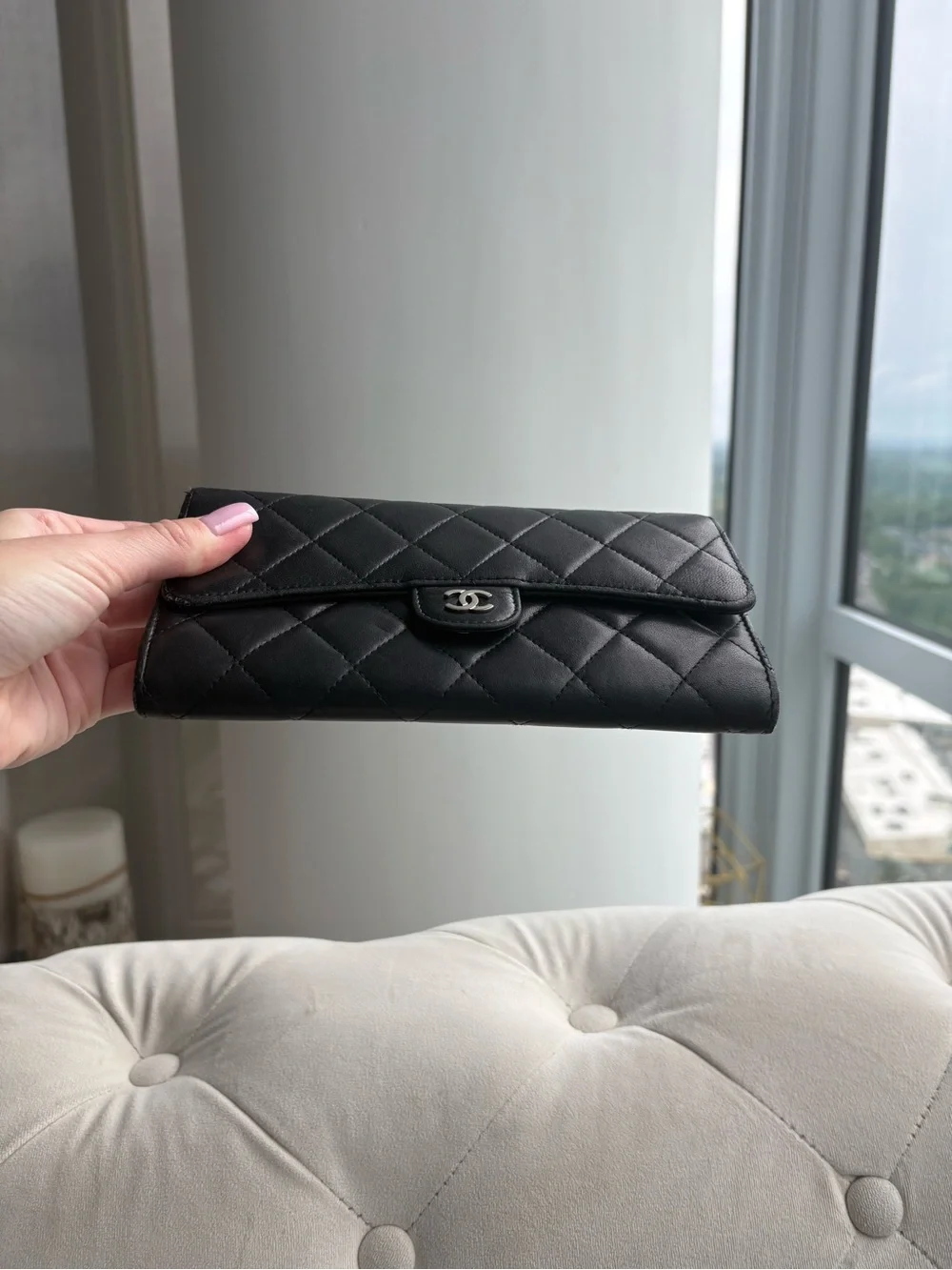 AUTHENTIC CHANEL GUSSET FLAP  BLACK QUILTED LEATHER WALLET ON CHAIN